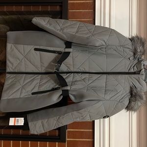 Michael Kors Puffer Coat with Faux Fur Trim Hood Gun Metal - Small